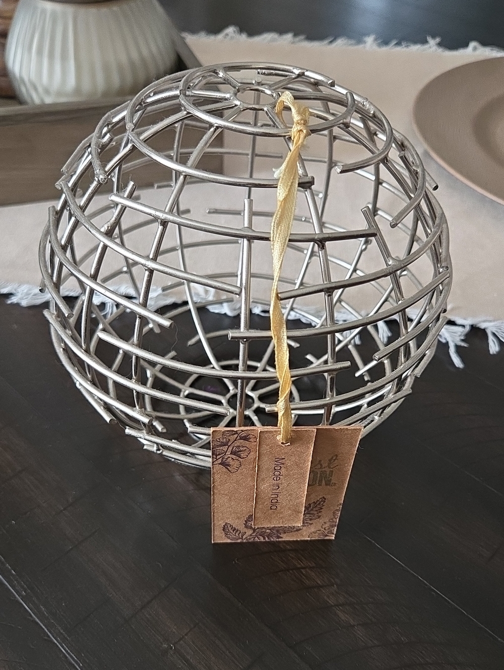 Silver Open-Weave Metal Globe Accent with Gold Ribbon